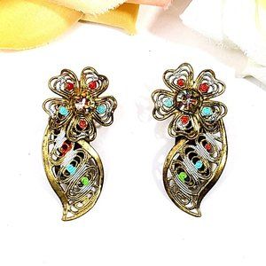 1940s Vintage Germany Filigree Earrings Floral Flower Clip-On Rhinestones